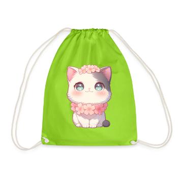 Couronne de fleurs de sakura en chat blanc de Kawaii style chibi - Sac de sport léger - vert néon - Devant