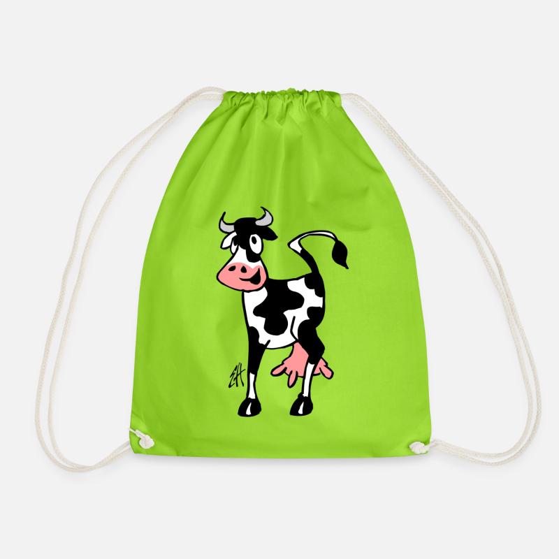 Playful Cow Cartoon Illustration - Drawstring Bag - neon green