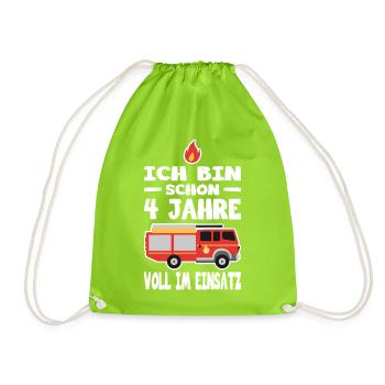 4 Geburtstag Feuerwehr Geschenk Junge 4 Jahre - Turnbeutel - Neongrün - Vorne