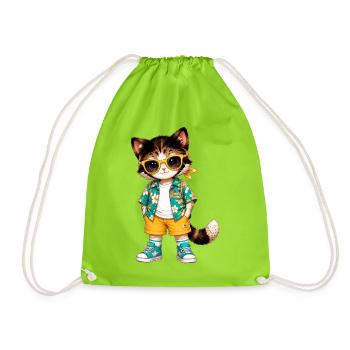 Hawaiian Tropical Cat Yellow Glasses - Drawstring Bag - neon green - Front