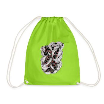 Black and white leaf pattern with red berries - Drawstring Bag - neon green - Front