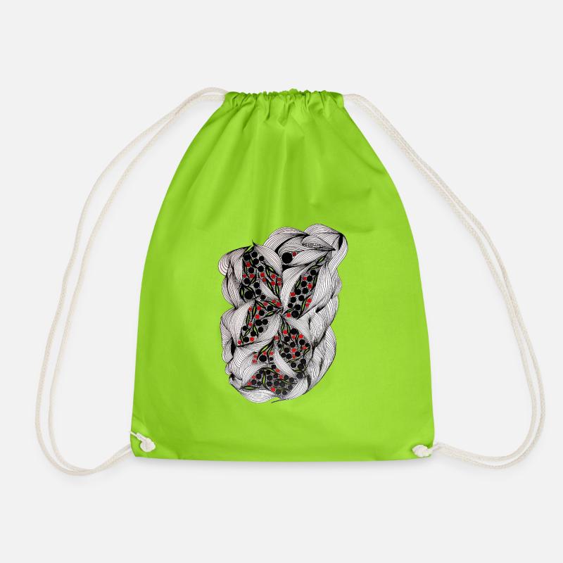 Black and white leaf pattern with red berries - Drawstring Bag - neon green