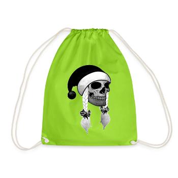 Skull Woman Christmas Beanie Braids - Drawstring Bag - neon green - Front
