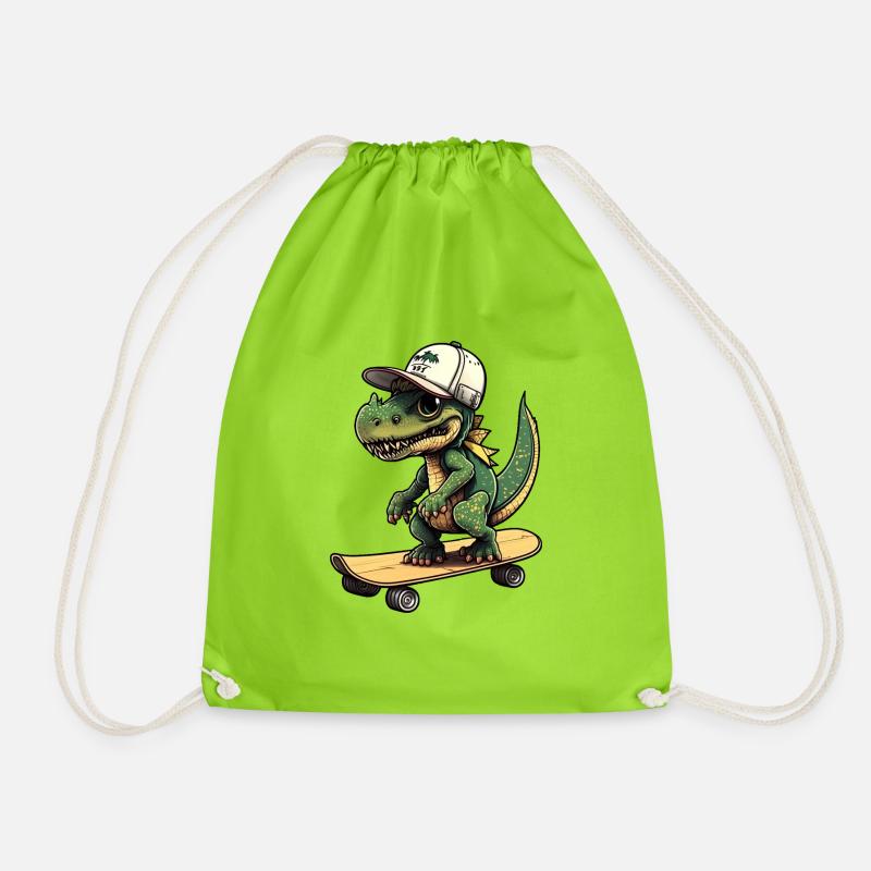 Dino Dinosaurier auf Skateboard mit Mütze Cap - Turnbeutel - Neongrün