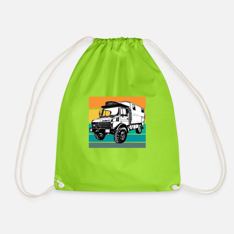 Camping - Unimog - Sonnenuntergang - Oldtimer - Turnbeutel - Neongrün