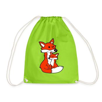 2 Foxes Mother Red Fox Little Child Father Mom - Drawstring Bag - neon green - Front