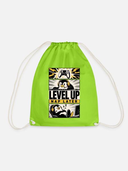 Level Up – Nap Later Gaming-Pinguin - Turnbeutel - Neongrün