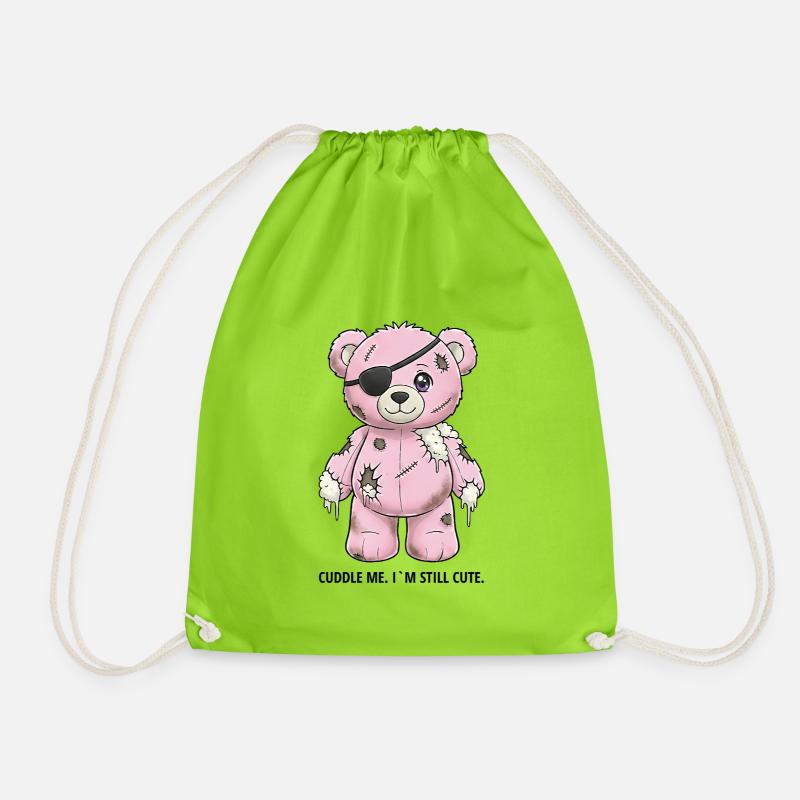 Patchwork Pinker Teddybär mit Augenklappe - Turnbeutel - Neongrün