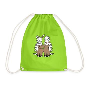 2 Hase Vogel Pferd reiten Reiter Pferdchen winken - Turnbeutel - Neongrün - Vorne
