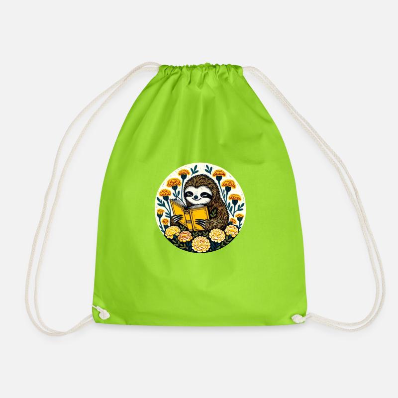 Reading Sloth - Drawstring Bag - neon green