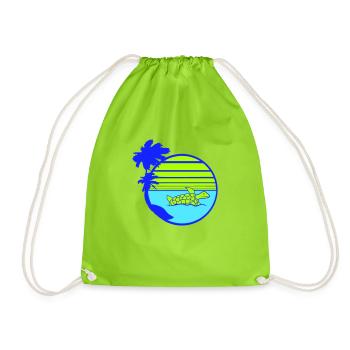 Palm Trees Turtle Swimming Stripe Sun Round - Drawstring Bag - neon green - Front