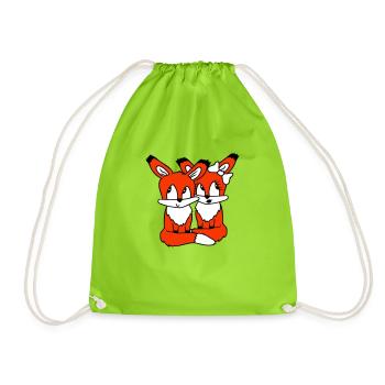 2 Foxes Couple In Love Two Friends Love Team Cute - Drawstring Bag - neon green - Front