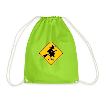 Warnschild "Hexe auf Besen / Witch on broom" - Turnbeutel - Neongrün - Vorne