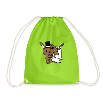 2 Bunnies Wedding Marry Groom Bride Engaged - Drawstring Bag - neon green - Front