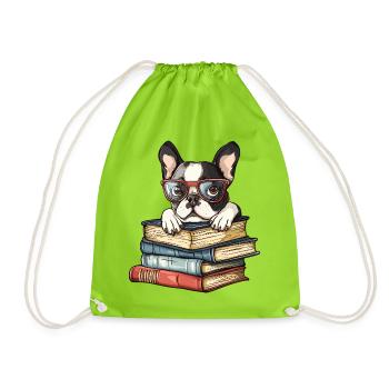 Cute Boston Terrier Dog Reading Book with Glasses - Drawstring Bag - neon green - Front
