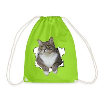Cute cat peeking out of hole - Funny cat design - Drawstring Bag - neon green - Front