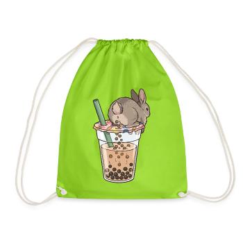 Cute Bunny Funny Boba Bubble Tea - Drawstring Bag - neon green - Front