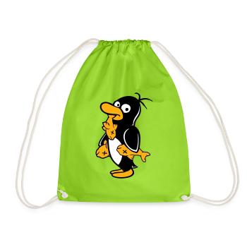 Penguin Eats Three Fish Caught Hunger Delicious - Drawstring Bag - neon green - Front