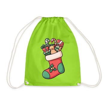 Illustrated Christmas Stocking – Festive and Cute - Drawstring Bag - neon green - Front