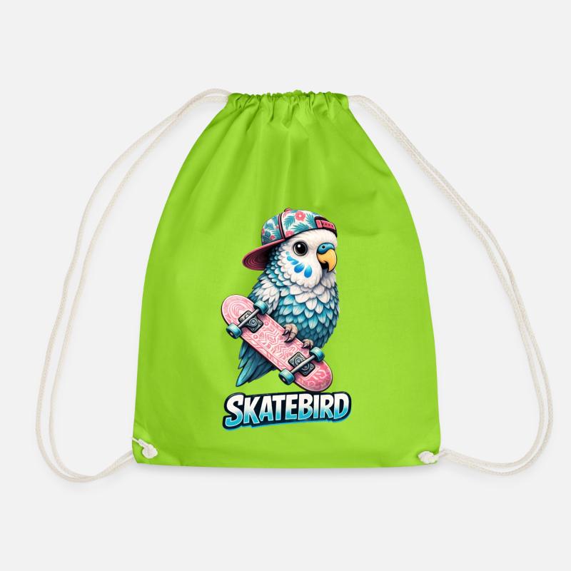 Blue Skatebird – Cool Parrot Illustration with - Drawstring Bag - neon green