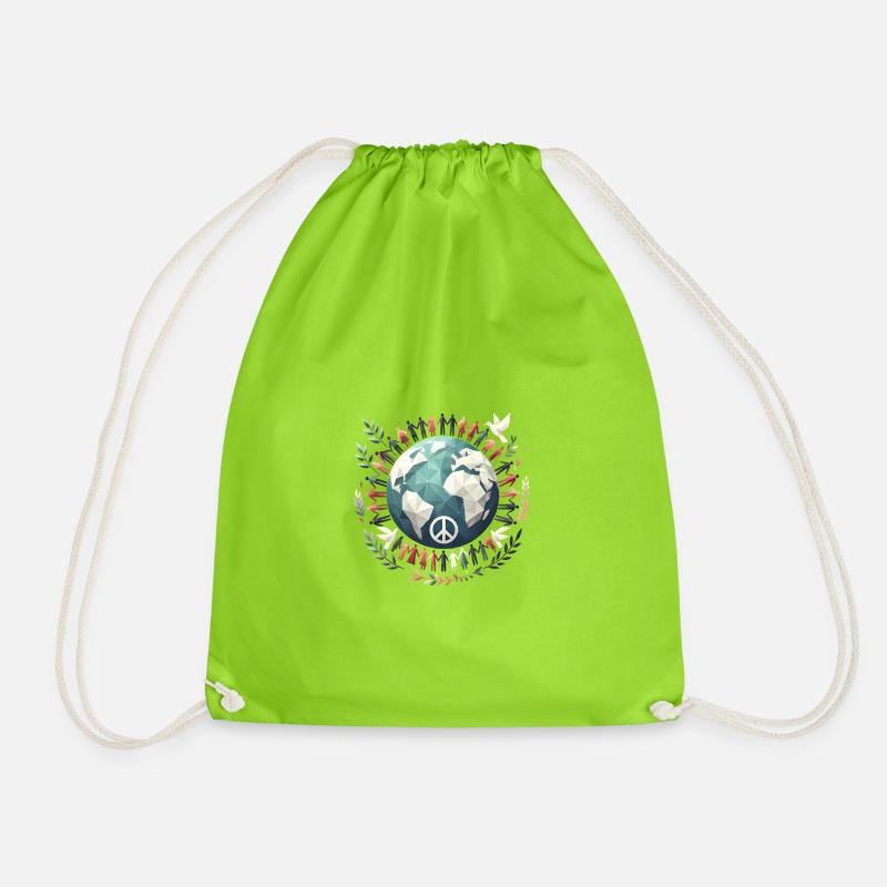 World Peace Globe Circle Doves - Drawstring Bag - neon green