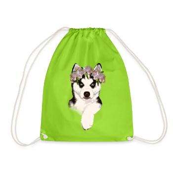 Husky with flower crown - Drawstring Bag - neon green - Front