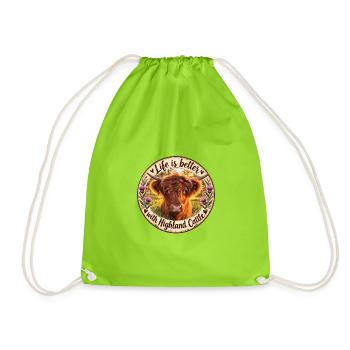 Life is better with Highland Cattle Kuh Motiv - Turnbeutel - Neongrün - Vorne