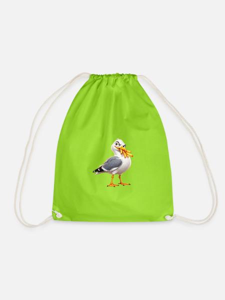 Freche Möwe stiehlt Chips – lustiger Meeresvogel - Turnbeutel - Neongrün