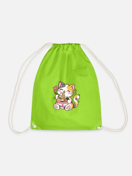 Kawaii Katze schlürft Ramen-Aufkleber – Süßer Anime - Turnbeutel - Neongrün