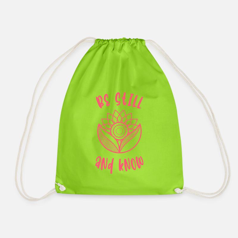 be still and know, Christian gift, quote - Drawstring Bag - neon green