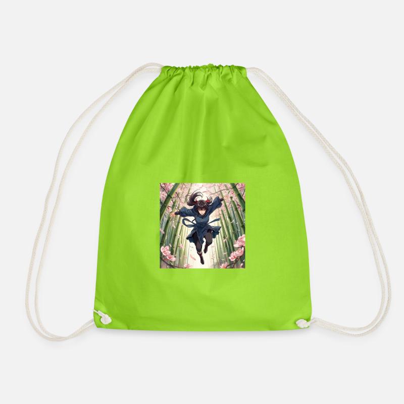 Bamboo heroine in the cherry blossom path - Drawstring Bag - neon green