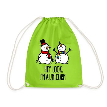 Hey look I'm a unicorn, Schneemann, Weihnachten - Turnbeutel - Neongrün - Vorne