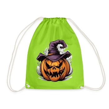 Gruseliger Halloween Kürbis mit Hexenhut - Turnbeutel - Neongrün - Vorne