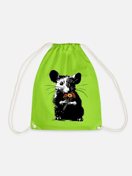Maus mit bunten Blumenstrauß - Stencil Love - Turnbeutel - Neongrün