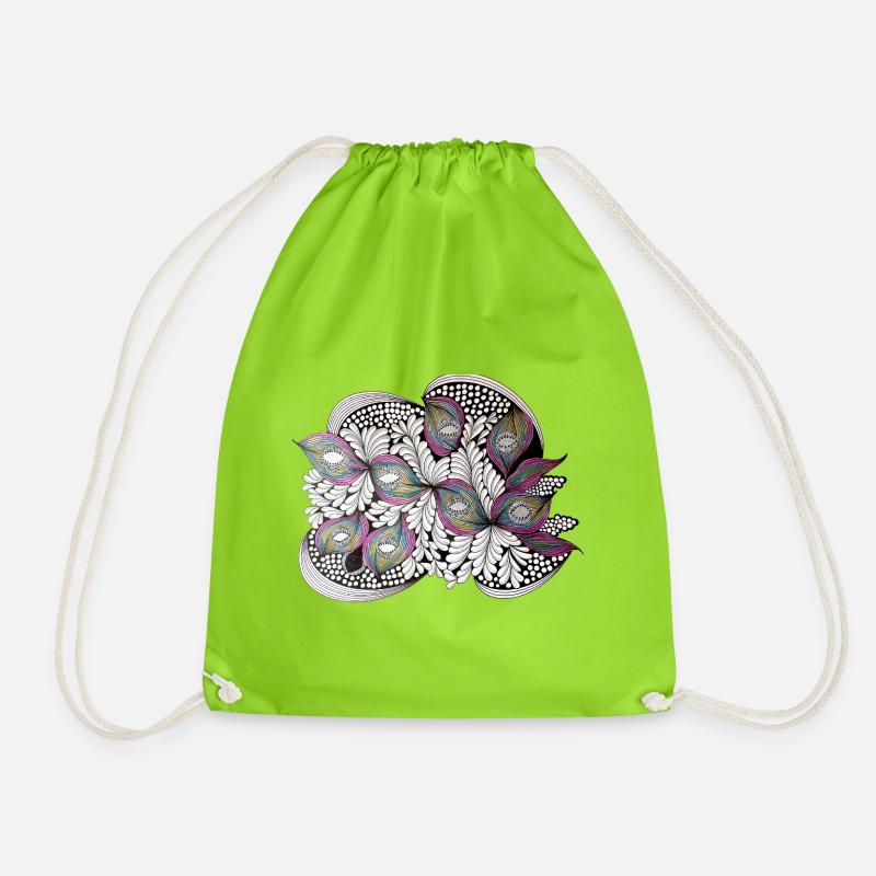 Peacock Feather Doodle Pattern - Drawstring Bag - neon green