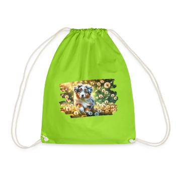 Playful Australian Shephe puppy on a dandelion meadow - Drawstring Bag - neon green - Front