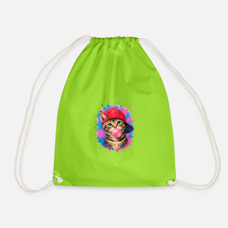 Cool cat with cap and chewing gum - Drawstring Bag - neon green