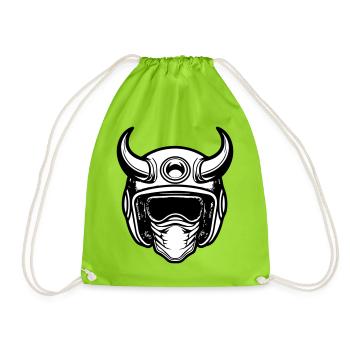 Retro motocross motorcycle helmet with two horns - Drawstring Bag - neon green - Front