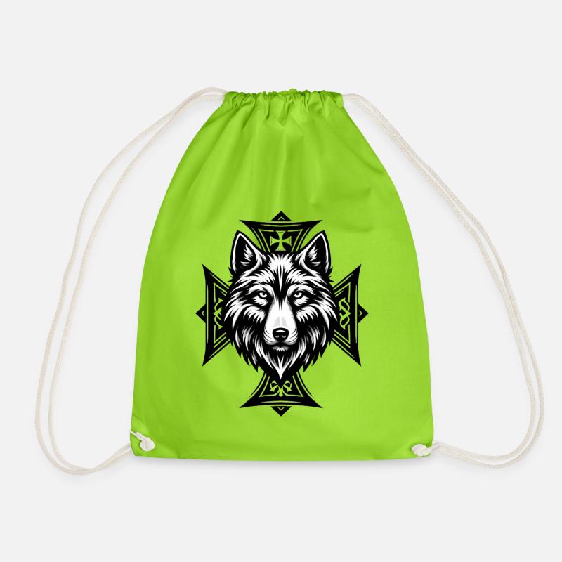 Wolfshead Cross Ornament - Drawstring Bag - neon green