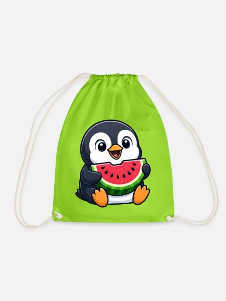 Lustiger Pinguin mit Melone Sommerfrucht Cartoon - Turnbeutel - Neongrün