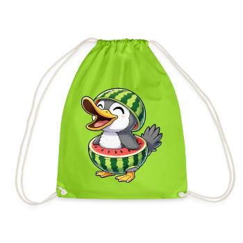 Cute Cartoon Duck Penguin Bird Melon Summer Joy - Drawstring Bag - neon green - Front
