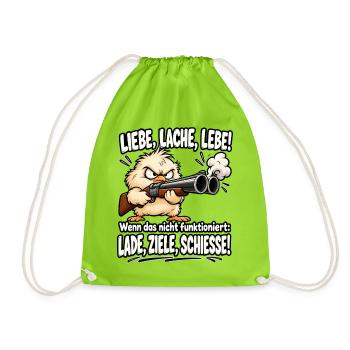 Liebe, Lache, Lebe – Lade, Ziele, Schieße | Lustig - Turnbeutel - Neongrün - Vorne