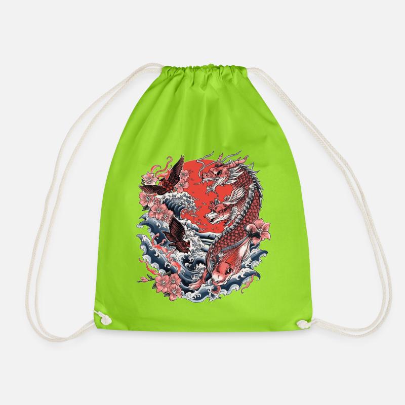 Koi, Waves and Cherry Blossom - Drawstring Bag - neon green
