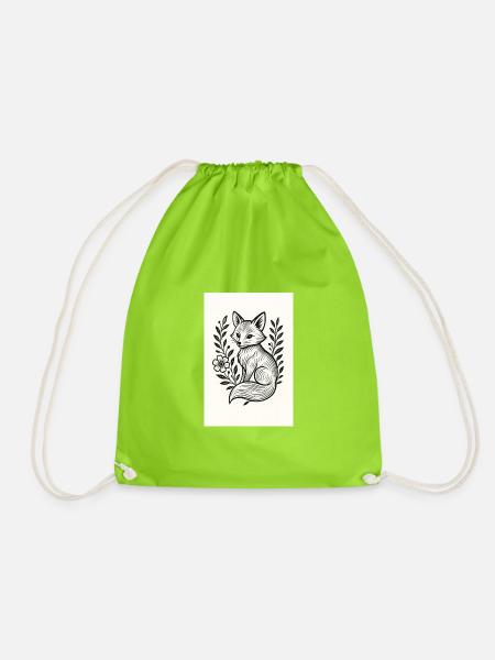 Fox in Floral Wreath Lineart - Drawstring Bag - neon green