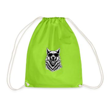 Laughing wolf with sunglasses - Drawstring Bag - neon green - Front