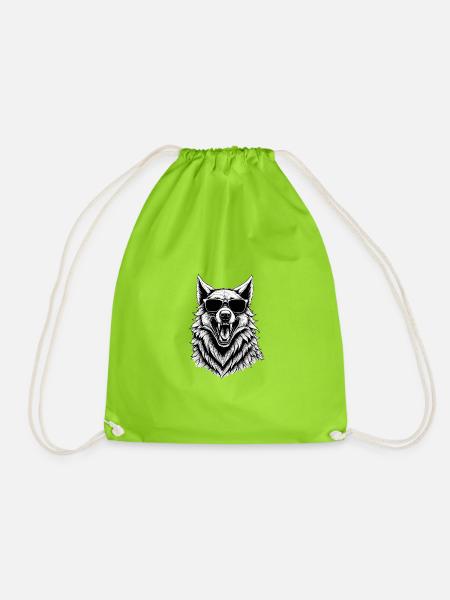 Laughing wolf with sunglasses - Drawstring Bag - neon green