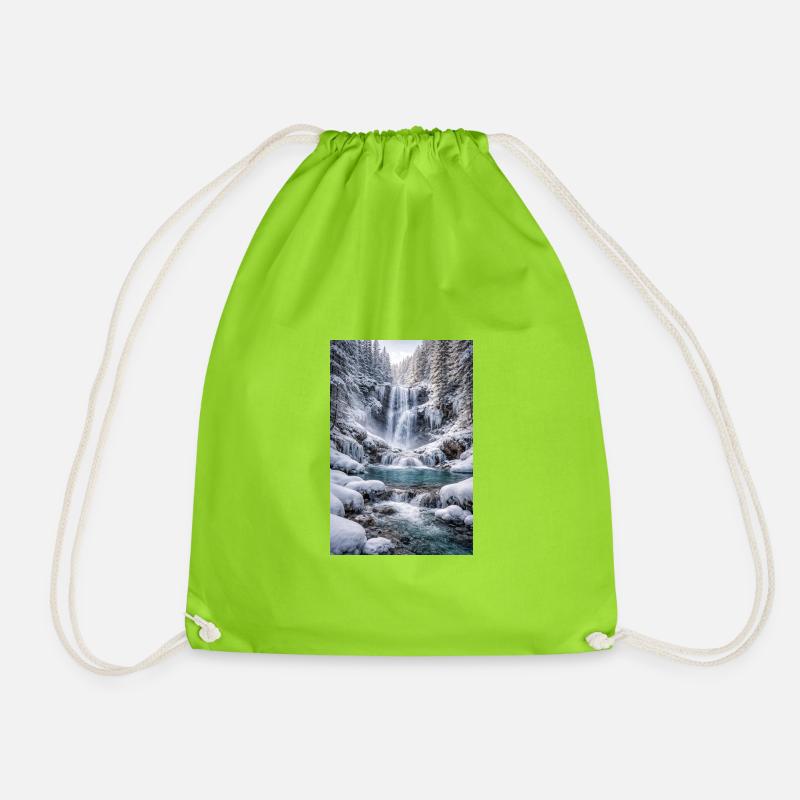 Winter waterfall in snow-covered forest - Drawstring Bag - neon green