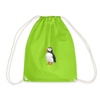 Puffin Watercolor Illustration - Drawstring Bag - neon green - Front