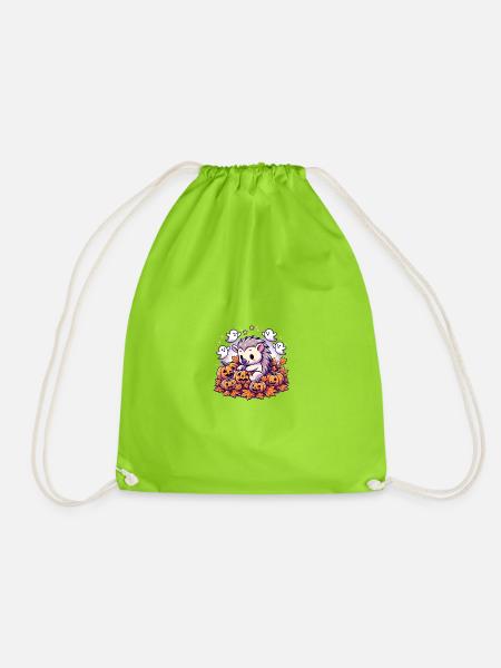 Sweet Pig Halloween Decor with Pumpkins - Drawstring Bag - neon green