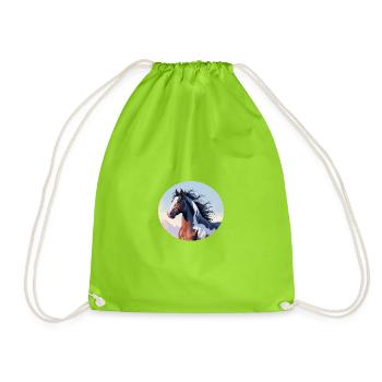 Tinker stallion galloping in mountain landscape - Drawstring Bag - neon green - Front